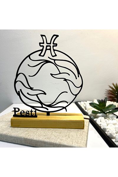 OEM Zodiac decoration "PISCES" with natural wooden base, 17 cm, black, 3D printed