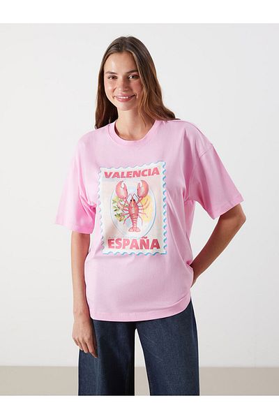 LC Waikiki Pink Valencia Printed Oversize Women's T-Shirt