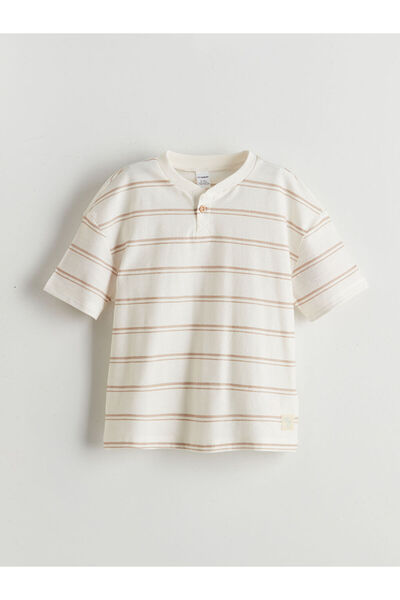 LC Waikiki Beige Combed Cotton Striped Boy's T-Shirt