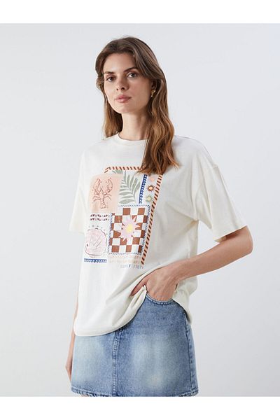 LC Waikiki Ecru Crew Neck Printed Oversize Women's T-Shirt