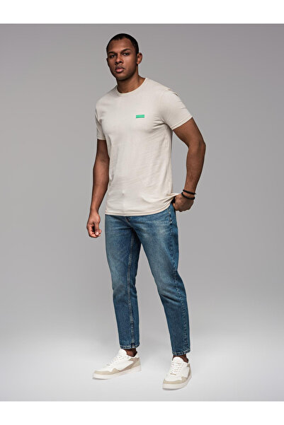 OMBRE Men's cotton t-shirt with green patch on chest - broken white V5 OM-TSCT-0151 XXL