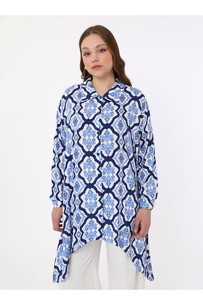ALİA Plus Size Tunic - White - Blue - Alia