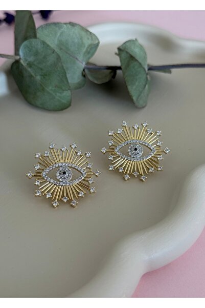 Home Sihra Accessories altın renkli kirpikli göz detaylı çivi model zirkon taşlı küpe göz küpe