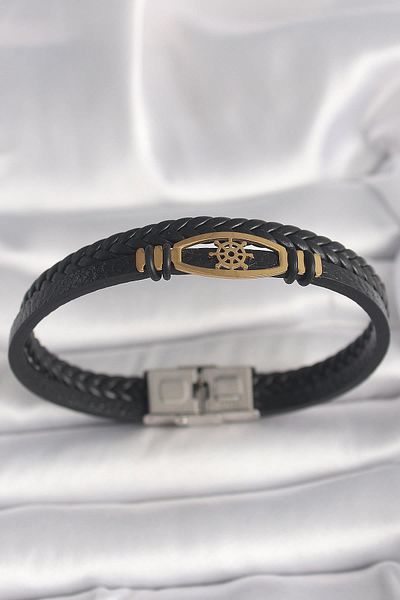 Celira Steel Gold Color Ship Rudder Figure Black Color Double Row Auger Patterned Leather Cord Men's Wrist