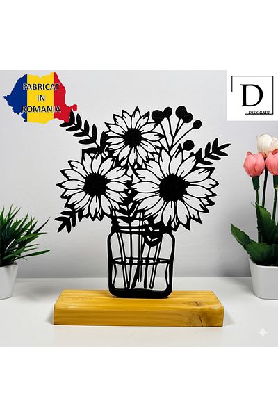 OEM "Black Sunbeam" decoration with natural wood base, 18.5 cm, black, 3D printed