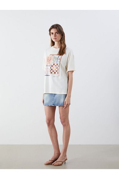 LC Waikiki Ecru Crew Neck Printed Oversize Women's T-Shirt