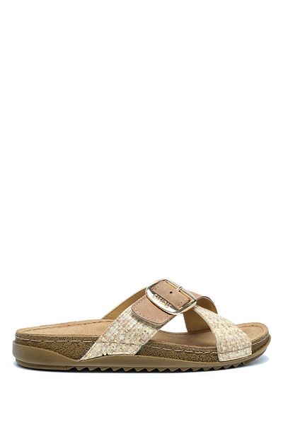 Kifidis Sıb213628- Natura Buckle Anatomical Leather Women's Slippers Tan/Tabacco