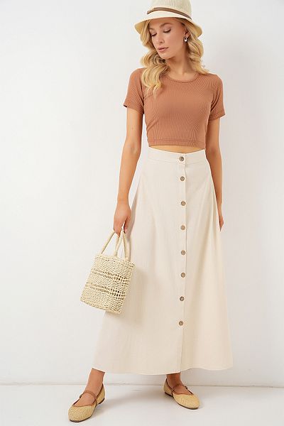 Bigdart Women's Buttoned Linen Long Skirt 8046 - Cream