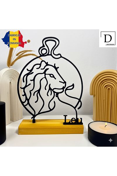 OEM Zodiac decoration "LEO" with natural wooden base, 19.5 cm, black, 3D printed