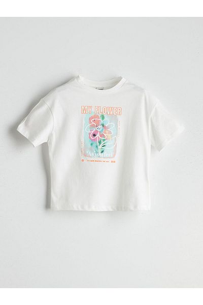 LC Waikiki Ecru Crew Neck Floral Girl's T-Shirt