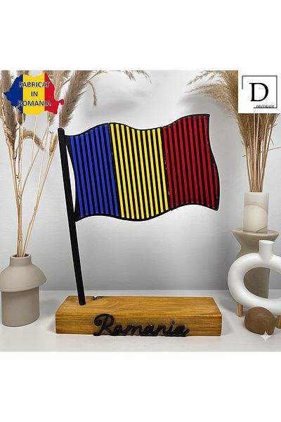 OEM "Romanian Flag" decoration with natural wooden base, 18 cm, multicolor, 3D printed