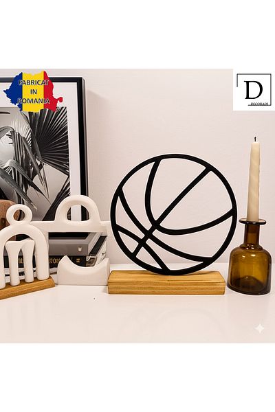 OEM "Basketball" decoration with natural wooden base, 16.5 cm, black, 3D printed
