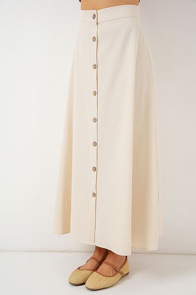 Bigdart Women's Buttoned Linen Long Skirt 8046 - Cream