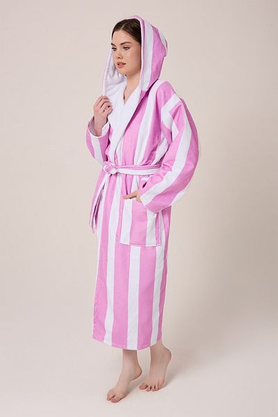 VEVİEN HOME Striped Patterned Digital Printed Hooded Bathrobe Lila