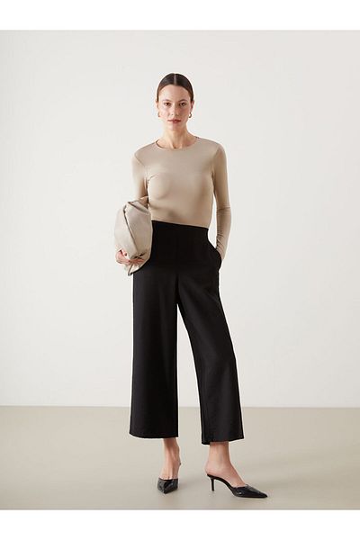 LC Waikiki Black Elastic Waist Wide Leg Women's Trousers