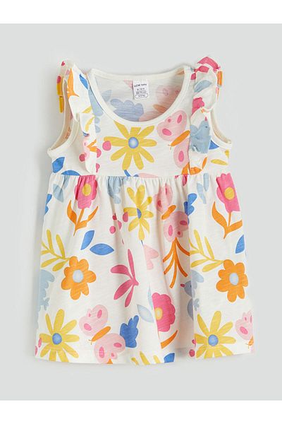 LC Waikiki Ecru Crew Neck Baby Girl Combed Cotton Dress 3-Piece