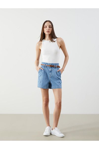 LC Waikiki Jeans Indigo Waist Belted Paperbag Women's Jean Shorts