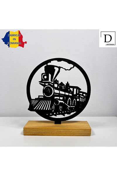 OEM "Legend of Steam" decoration with natural wood base, 16 cm, black, 3D printed