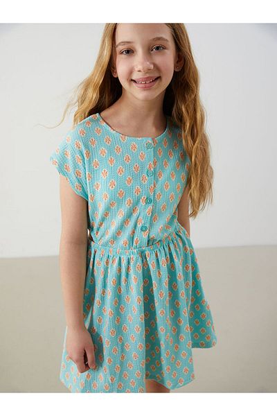 LC Waikiki Turquoise Crew Neck Floral Girl's Dress