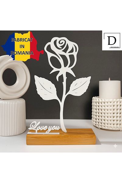 OEM "White Rose - Love You" decoration with natural wooden base, 22 cm, white, 3D printed