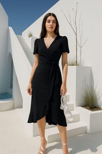 Mossta Black Double Breasted Collar Midi Dress