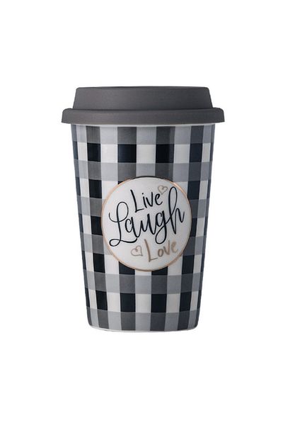 PUFO Live & Love ceramic travel mug for coffee with silicone lid, 415 ml, gray/black
