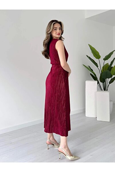 Lusin Women's Zero Sleeve Burgundy Stylish Waist Detailed Double Breasted Collar Lined Summer Dress