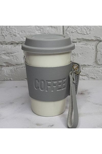 PUFO Cană de călătorie ceramică Love Coffee cu protecție termică pentru cafea sau ceai, 415 ml, alb/gri