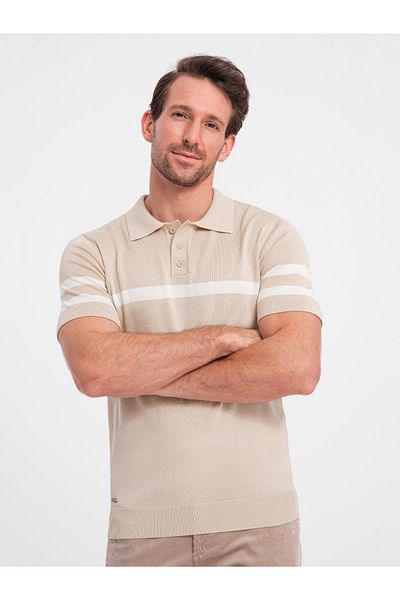 OMBRE Herren-Poloshirt aus weichem Strick mit Kontraststreifen - Beige V4 OM-POSS-0118 L