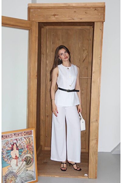 Ekim Store Keten Kemerli Yelekli Blazer Takım