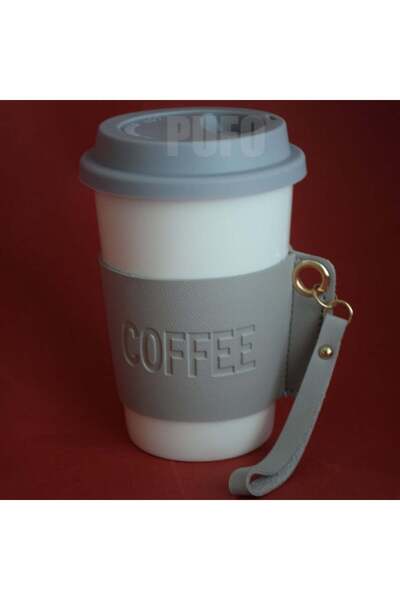 PUFO Love Coffee ceramic travel mug with thermal protection for coffee or tea, 415 ml, white/gray