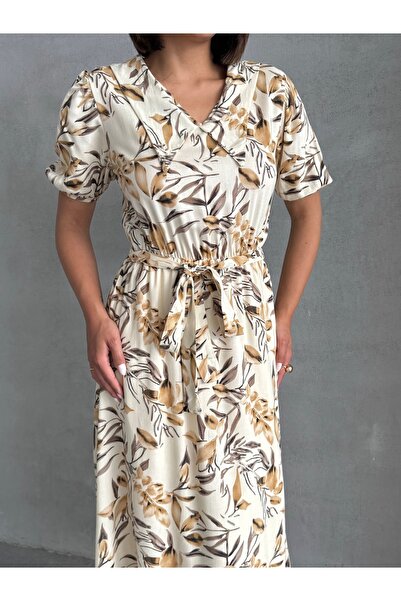 Lusin Γυναικείο κοντομάνικο φόρεμα μίντι με προαιρετικό γιακά μωρού