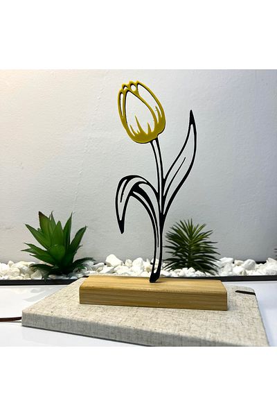 OEM "Tulip" decoration with natural wooden base, 22 cm, yellow/black, 3D printed