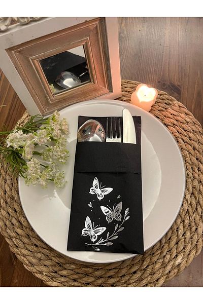 kidspartim Silver Gilded Black Butterfly Leaf Detailed Pocketed Kangaroo Napkin 12 Pieces
