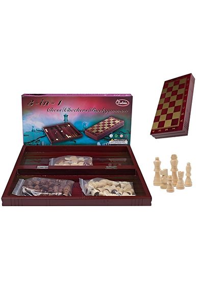 rexa 3-in-1 Chess, Checkers & Backgammon Game Set – Folding Board with Full Playing Pieces
