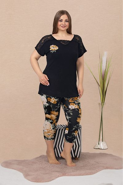 Lady Lingerie Set de pijamale pentru femei cu model floral, mâneci scurte, jambiere capri, mărime mare