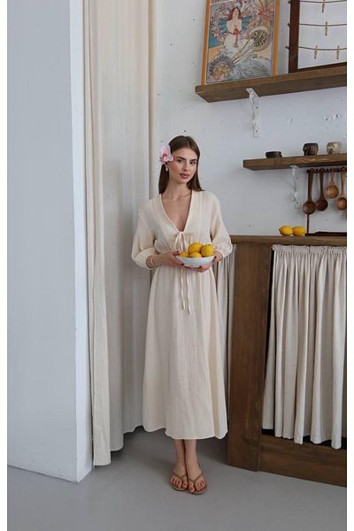 Ekim Store Lace-Up Muslin Degaje Collar Long Dress