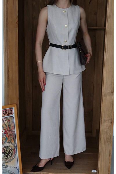 Ekim Store Linen Belted Vest Blazer Suit