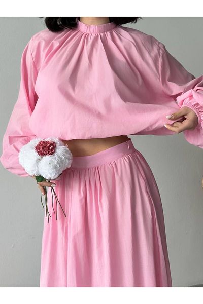 Ekim Store Gathered Blouse Skirt Double Blazer Suit