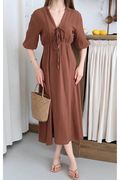 Ekim Store Lace-Up Muslin Degaje Collar Long Dress