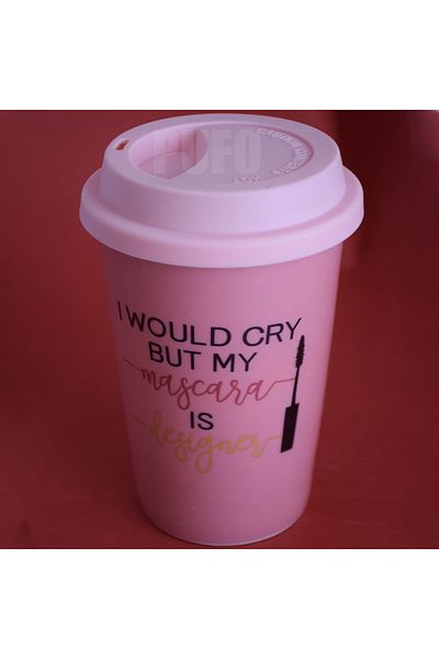 PUFO Ceramic Travel Coffee Mug With Silicone Lid, 415 Ml, My Mascara Is Designer Model, Pink