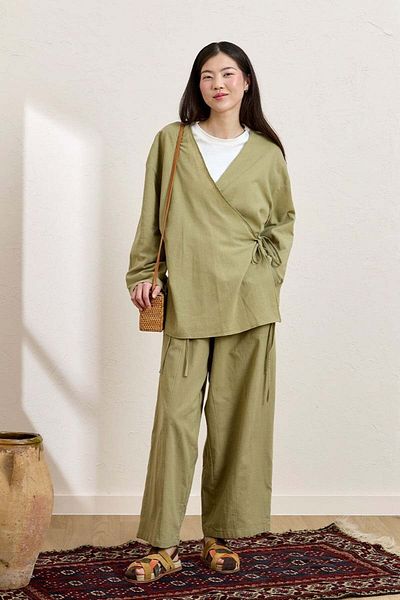 Ceylan Otantik Khaki Organic Linen Tie Tunic & Shalwar Trousers Set