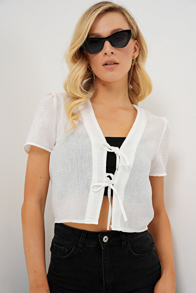 Bigdart Women's Short Sleeve Crop Blouse 958 - White