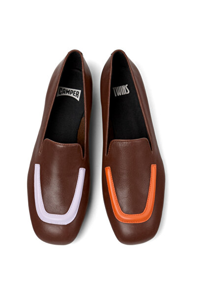 CAMPER Women's Brown Genuine Leather Flats with Color Details - Comfortable Daily Wear Twins