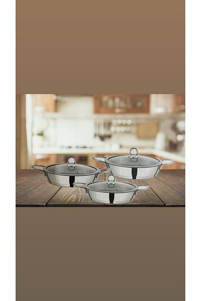 DOWRY STİL Viva Steel 6 Piece Omelette Set with Glass Cover 18-20-22 cm