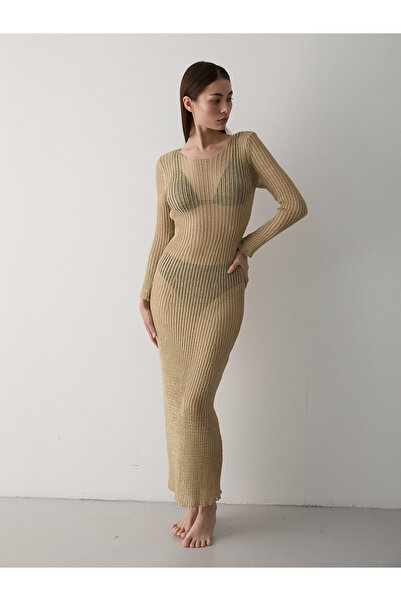 Laluvia Altın Işıltılı Uzun Transparan Plaj Elbisesi