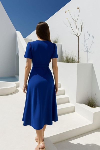 Mossta Saks Blue Double Breasted Collar Midi Dress