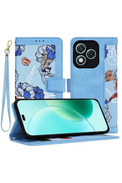 SKYDDAR INNOVATION Husă pentru Honor 400 Lite, portofel floral, din piele ecologică, protecție 360°, albastră, set de stickere