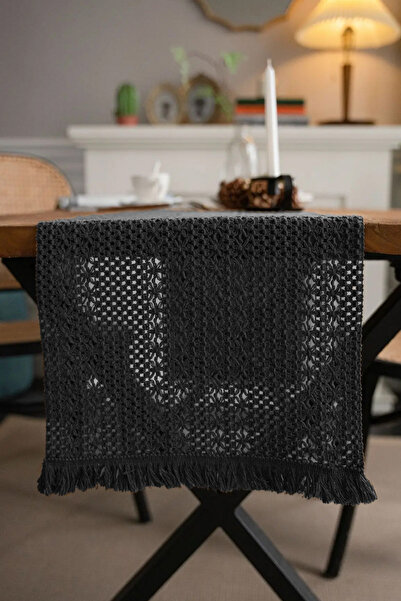 vivamaison Față de masă din dantelă din bumbac gri antracit, decorațiuni moderne pentru masă 35x145 cm