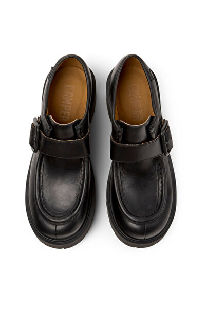 CAMPER Women's Black Genuine Leather Adjustable Buckle Classic Shoes with Thick Heel Sole Milah